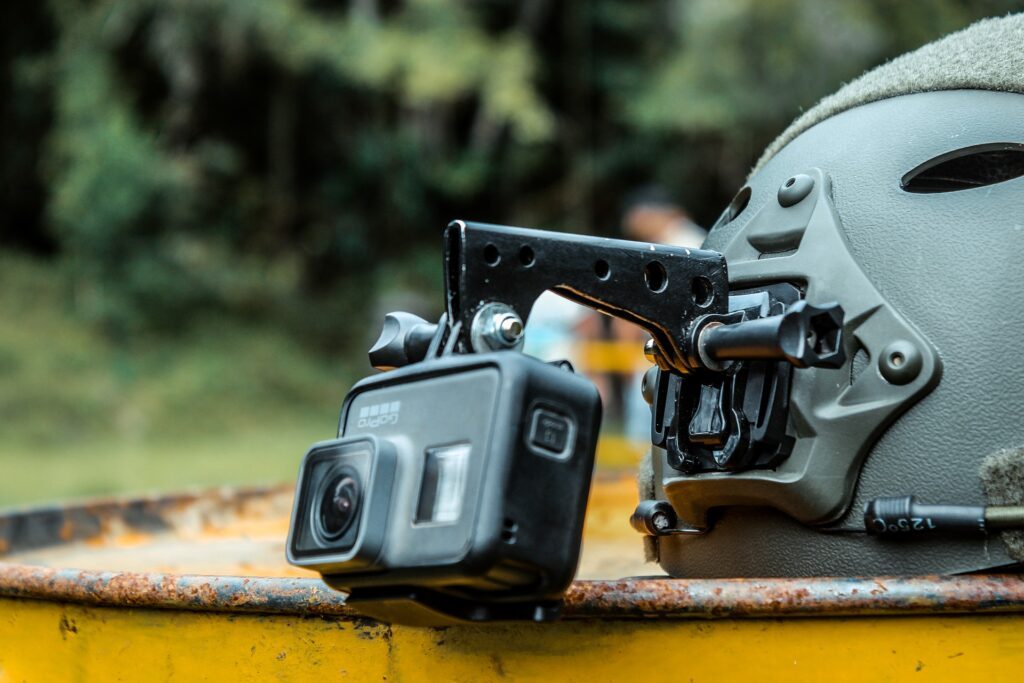 drone roof inspections. Helmet with GoPro camera attached to the side.