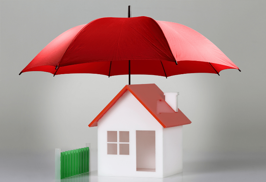 Total house protection, shows a toy house with red roof covered by a red umbrella.