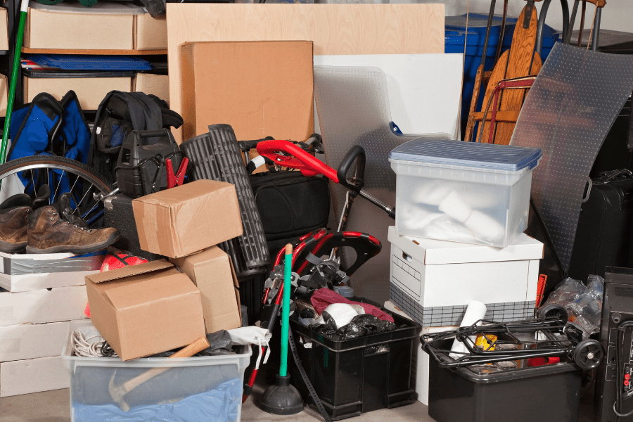 material for garage roof, showing the inside of a garage, with all the boxes and stuff.